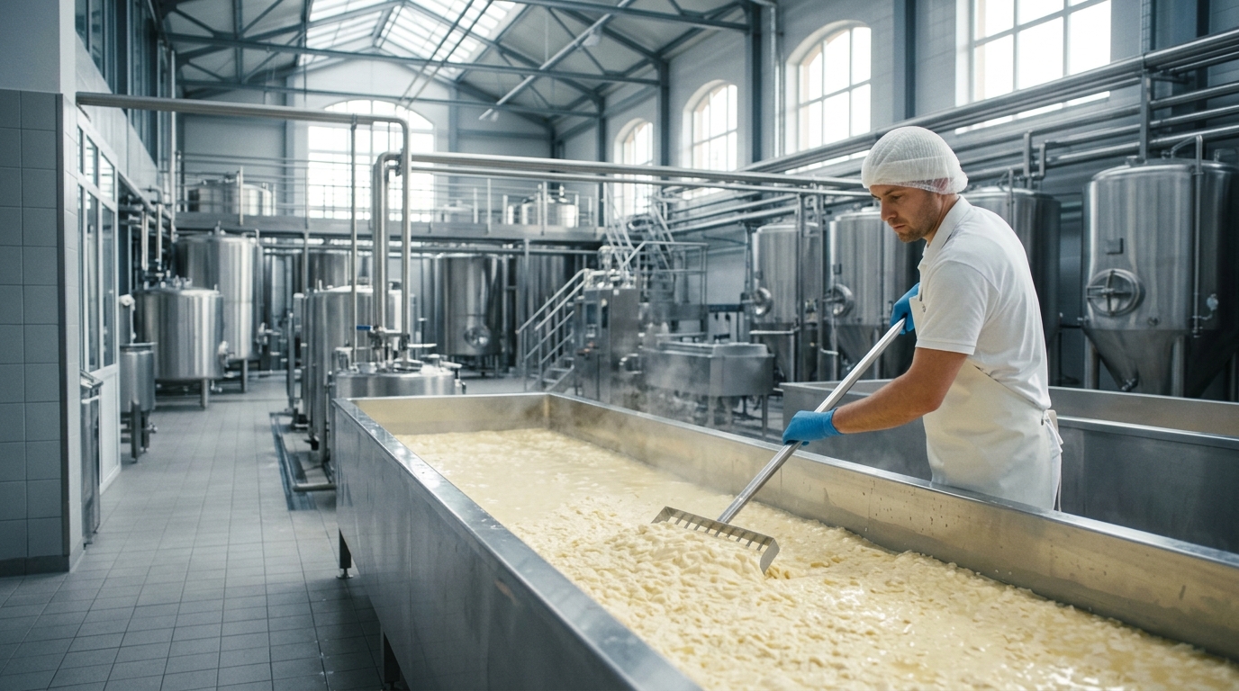 Cheese production hall with curd vats and stainless make equipment under in-line filtration