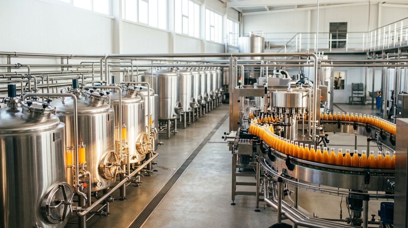 Modern juice-processing plant with stainless blending and filling lines and in-line sterile-air filtration