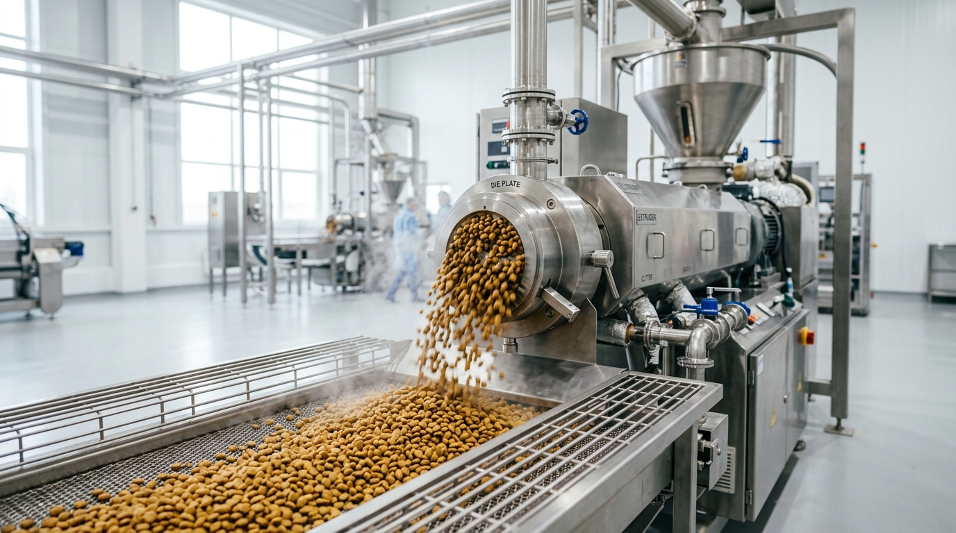 Pet food production line — extrusion and drying of dry kibble with culinary steam and sterile process air