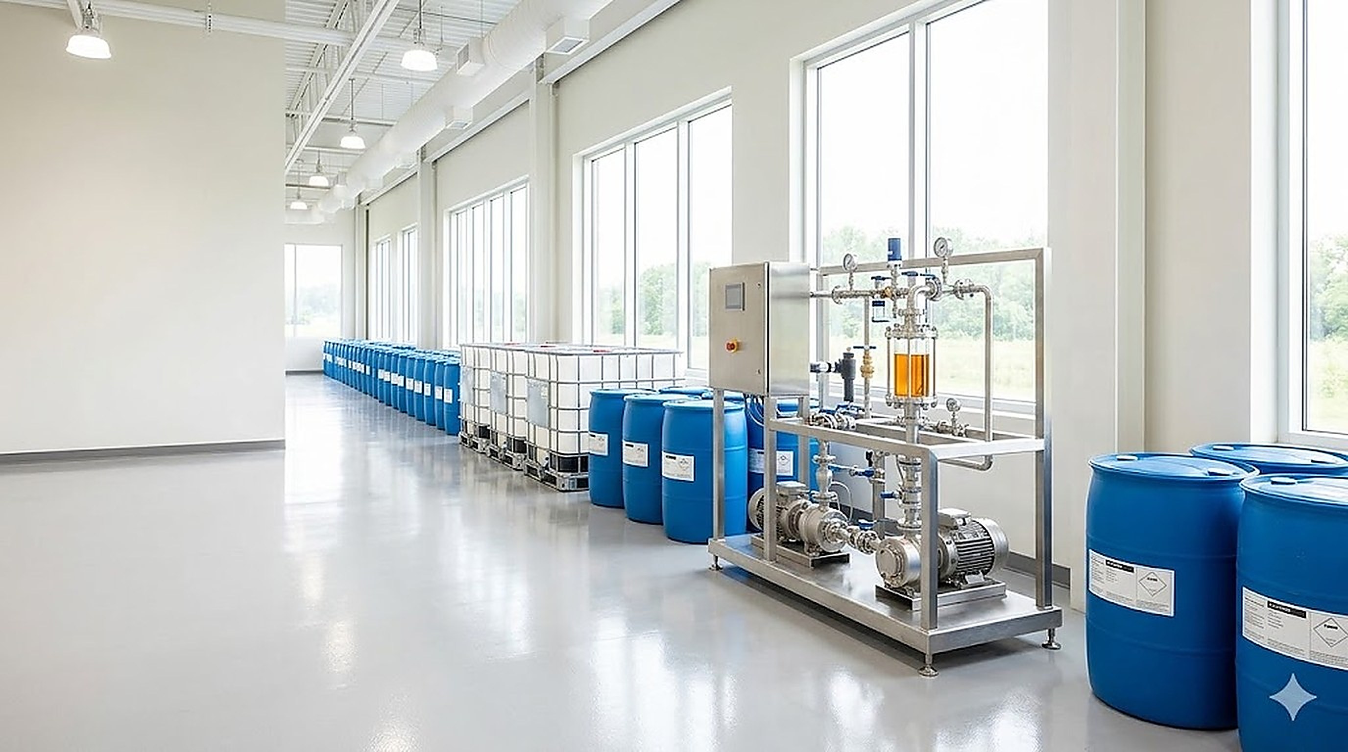 Pharmaceutical chemical and solvent handling skid with stainless storage tanks, dosing pumps and in-line cartridge filtration before the process