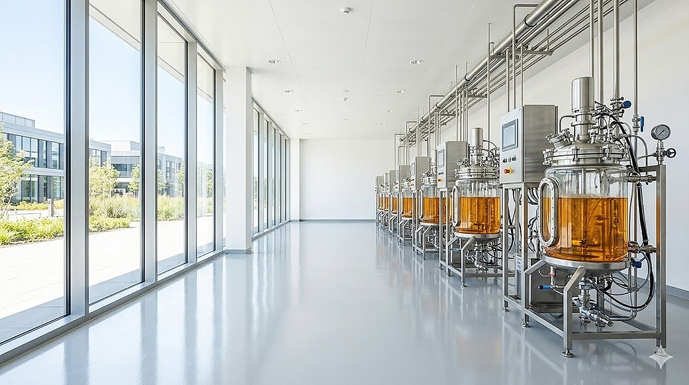 Biotech fermentation suite with stainless steel bioreactor, sterile feed lines, sparger air filtration and exhaust gas treatment