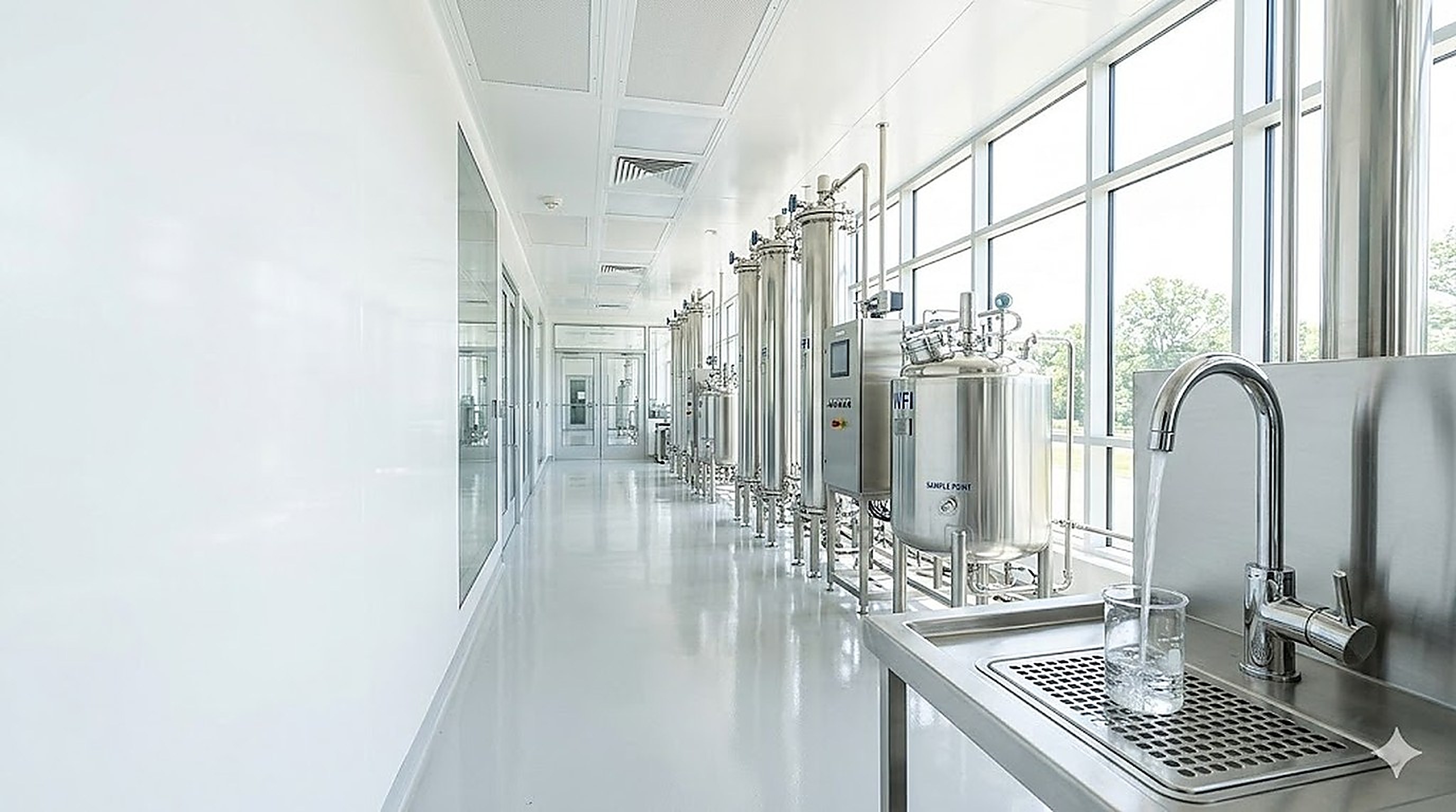 Pharmaceutical water-for-injection skid with stainless distillation column, storage tanks and in-line sterilising-grade membrane filtration