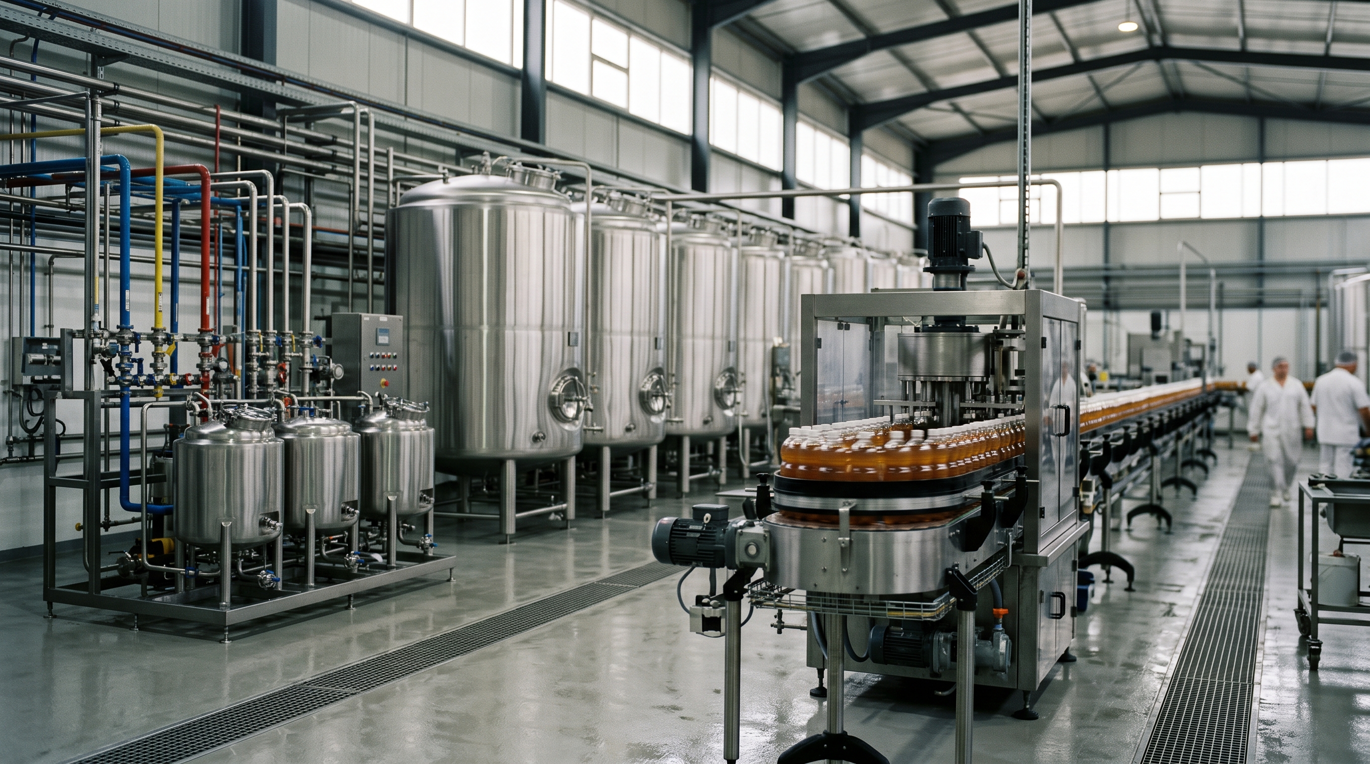 Carbonated soft-drink bottling line — PET bottles being filled and carbonated with sterile air, CO₂ and treated process water