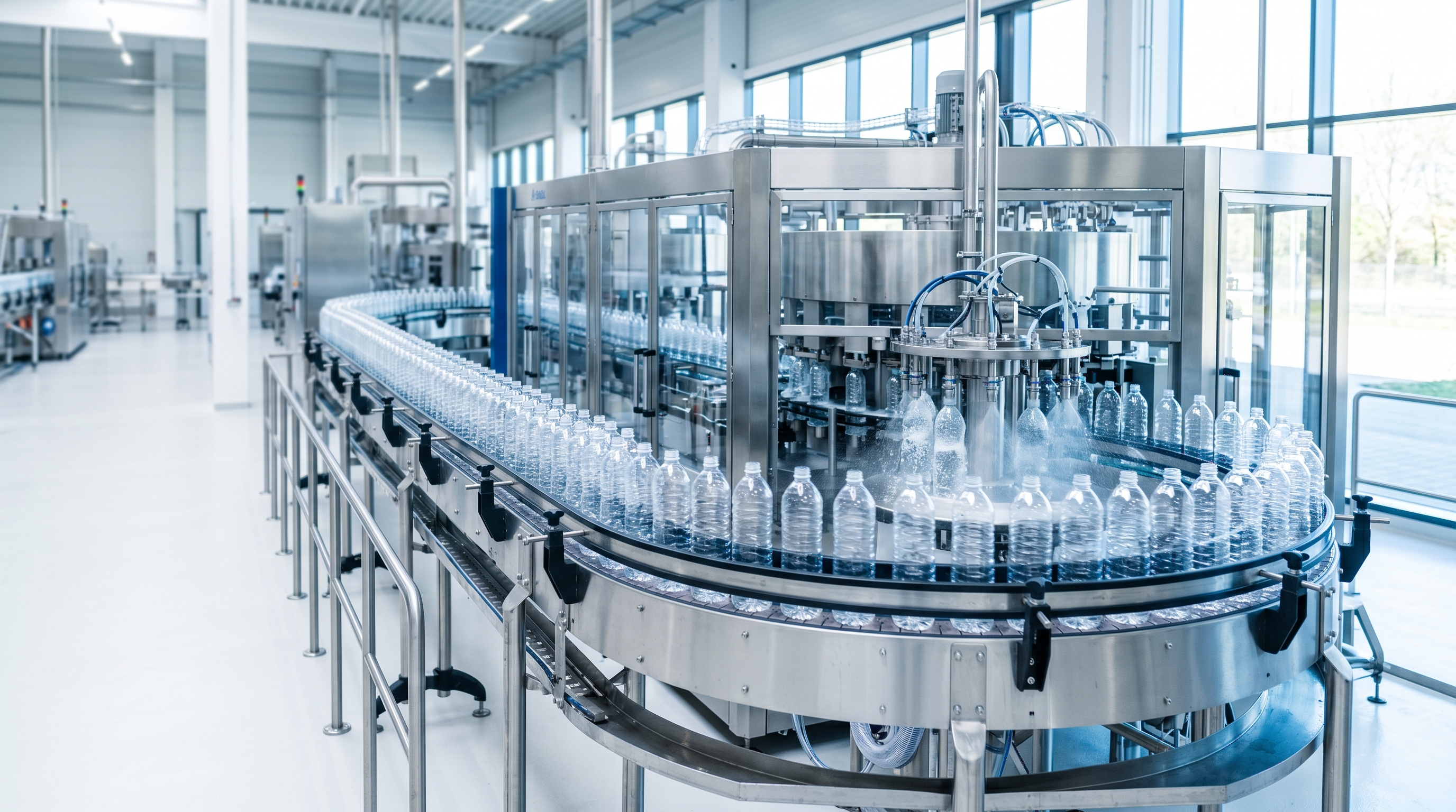 Clean PET water-bottling line with sterile filling and process water