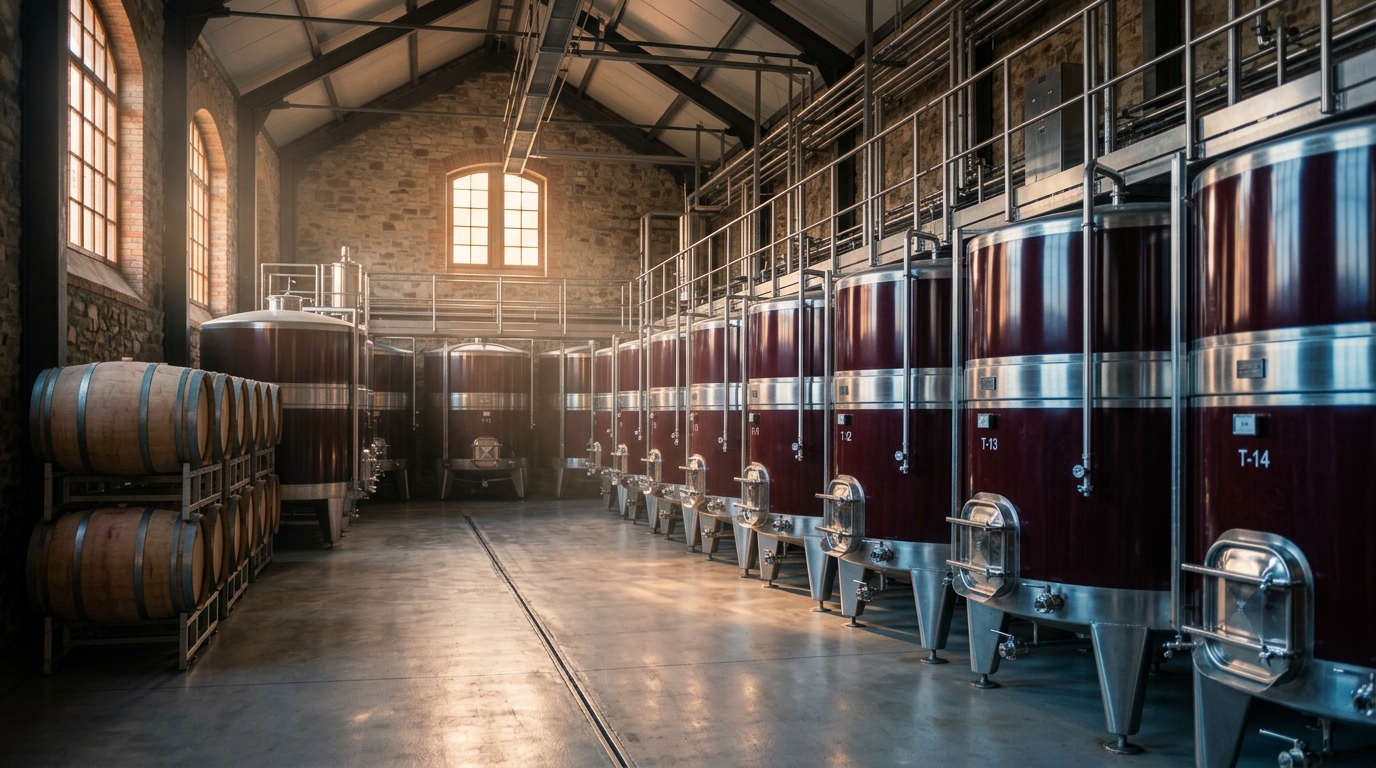 Winery cellar with stainless fermentation and maturation tanks under inert-gas blanketing and in-line sterile filtration