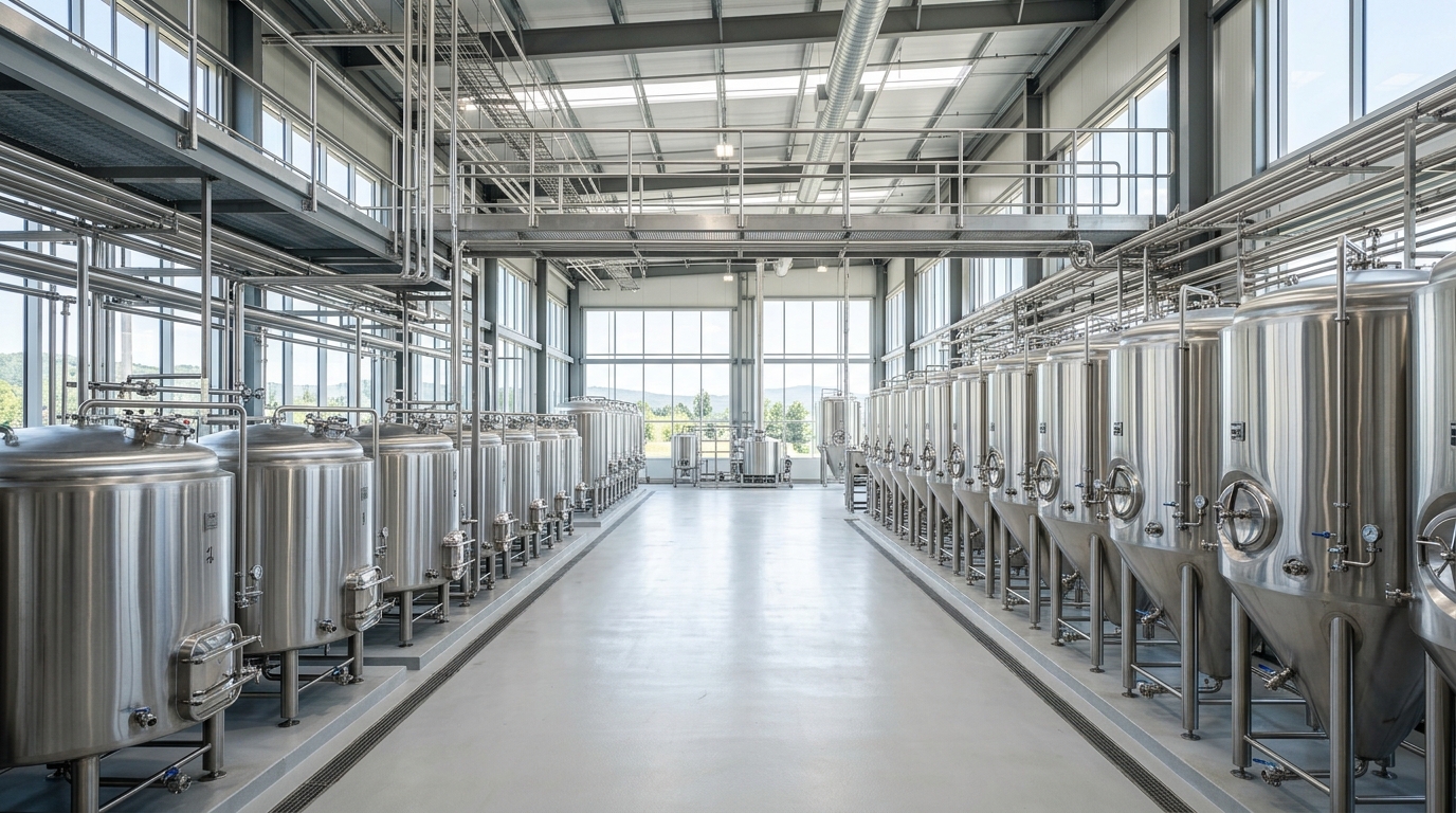 Stainless fermenter hall in a modern brewery with in-line P-SRF sterile-air filtration